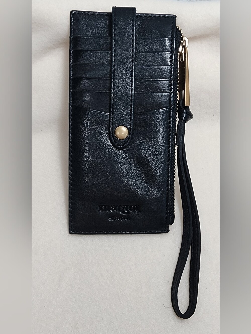 Margot Black Leather Wristlet Card & Zip Holder with Strap
